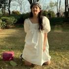 Puff-sleeve Square Neck Smock Dress White - One Size