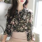3/4-sleeve Floral Pattern Chiffon Top
