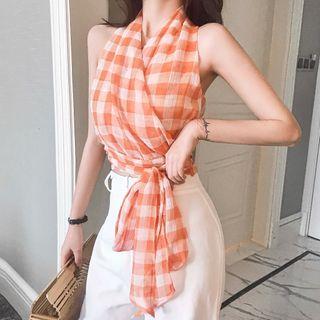 Halter-neck Gingham Tie-front Top Top - Gingham - One Size