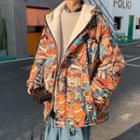 Print Hooded Fleece-lined Zip-up Jacket