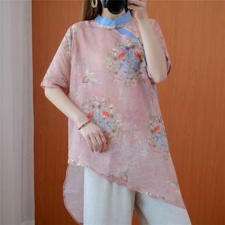 Floral Frog-button Asymmetric Hem Blouse