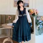 Long-sleeve Collared A-line Midi Dress Peacock Blue - One Size
