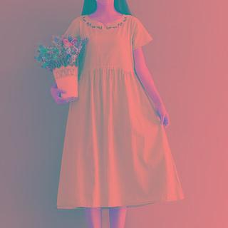 Short-sleeve Flower Embroidered Midi Dress
