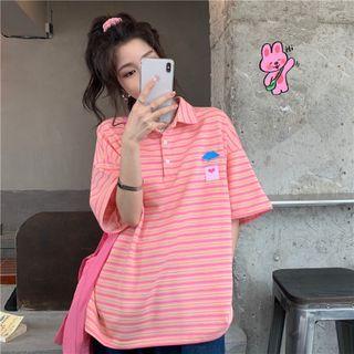 Short-sleeve Polo-neck Striped T-shirt Stripe - One Size