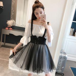 Set: Off-shoulder Elbow-sleeve Top + Mesh Suspender Mini Skirt