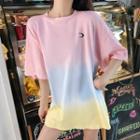 Elbow-sleeve Moon Embroidered Gradient T-shirt Gradient - One Size