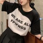Short-sleeve Lettering Two-tone T-shirt Black & White - One Size