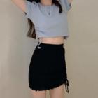 Short-sleeve Cropped Henley Top / Mini Pencil Skirt