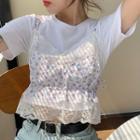 Plain Short-sleeve T-shirt / Lace Trim Flower Print Camisole