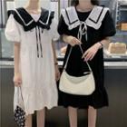 Puff-sleeve Contrast Sailor Collar Tiered A-line Midi Dress