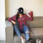 Wide-collar Lace-up Plaid Blouse