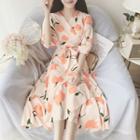 Elbow-sleeve Floral Asymmetric A-line Midi Dress