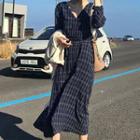 V-neck Plaid Long-sleeve Midi A-line Dress