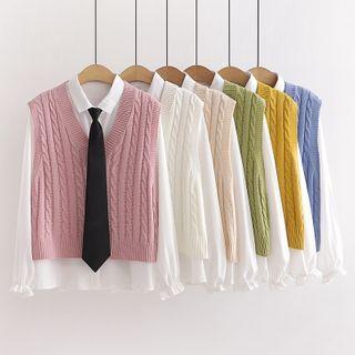 Set: Plain Shirt + Cable Knit Vest