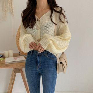 Balloon-sleeve Boxy Cropped Cardigan