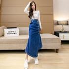 Shirred Midi A-line Denim Skirt