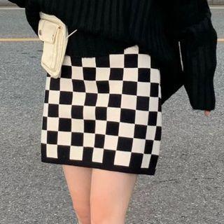 Check Pencil Skirt Check - Black & Almond - One Size