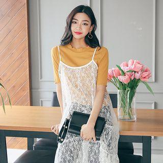 Spaghetti-strap Frill-hem Lace Long Dress