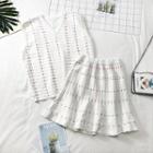 Set: V-neck Knit Vest + A-line Skirt White - One Size