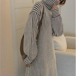Turtleneck Striped Midi Sweater Dress Black & White - One Size