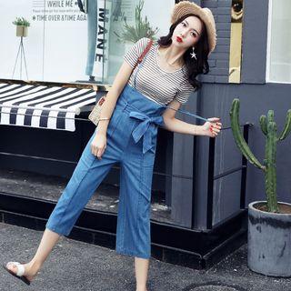 Set: Striped Short Sleeve T-shirt + Cropped Wide Leg Dungaree