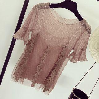 Set: Short-sleeve See-through Top + Lace Trim Mesh Camisole Top