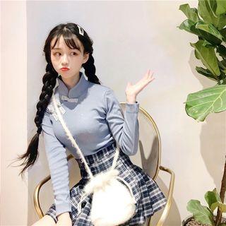 Long-sleeve Frog-button Top / Plaid Mini Pleated Skirt