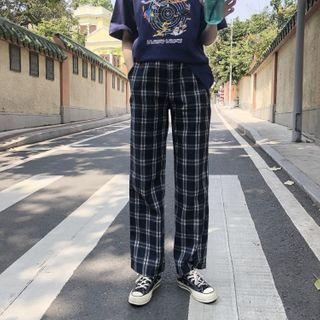 Plaid Wide Leg Pants Navy Blue - One Size