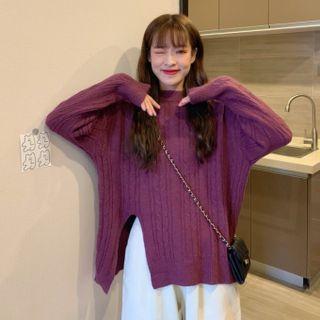 Side-split Plain Long-sleeve Knit Sweater