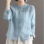 Long-sleeve Round Neck Plain Embroidered Loose Fit Linen Shirt