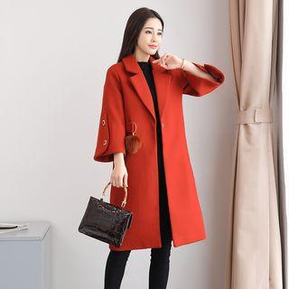 Snap-button 3/4-sleeve Coat With Pom Pom