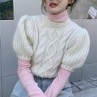 Puff-sleeve Cable Knit Cropped Sweater / Mock-neck Top