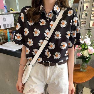 Short Sleeve Daisy Printed Shirt Black - One Size