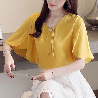 Elbow-sleeve Faux Pearl Chiffon Top