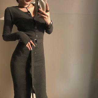 Button-front Gathered-waist Knit Dress As Shown In Figure - One Size