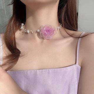 Flower Mesh Faux Pearl Choker