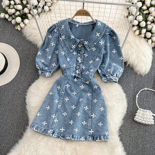 Puff-sleeve Printed Denim Dress