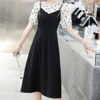 Set: Short-sleeve Flower Print Blouse + Midi Overall Dress
