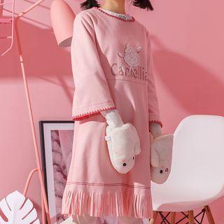 Printed Fringed-hem 3/4-sleeve Dress