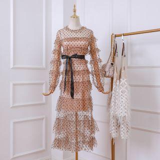 Dotted Long-sleeve Sheer Midi Dress