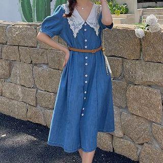 Short-sleeve Lace Collar Denim Midi Dress