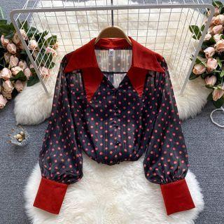 Color Block Lapel Dots Chiffon Top
