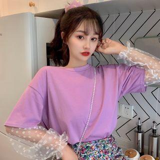 Mock Two-piece Mesh-sleeve Plain T-shirt