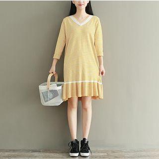 Striped 3/4 Sleeve Ruffle Hem Knit Dress