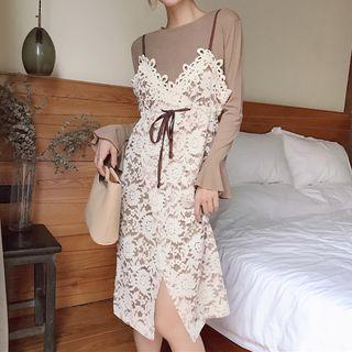 Long-sleeve Plain Top / Spaghetti Strap Lace Dress