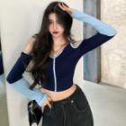Long-sleeve Cold Shoulder Two-tone Crop Top Navy Blue - One Size