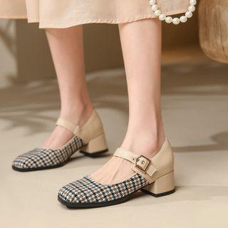 Houndstooth Panel Chunky-heel Mary Jane Pumps