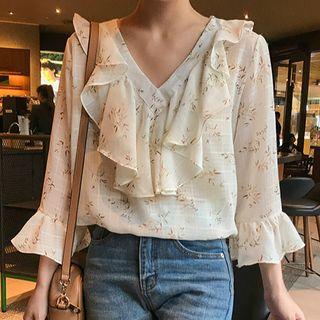 V-neck Floral Ruffle Shirt As Shown In Figure - One Size