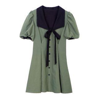 Puff-sleeve Houndstooth Mini A-line Dress