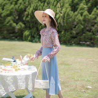 Set: Long-sleeve Floral Ruffled Blouse + Midi Skirt